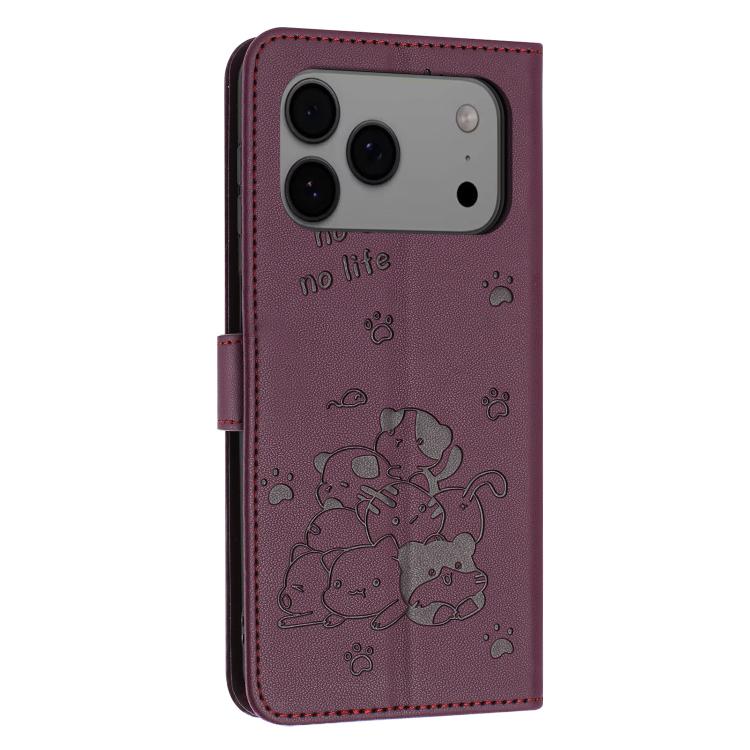 For iPhone 17 Pro Max Embossed Kitten Phone Leather Case with Lanyard
