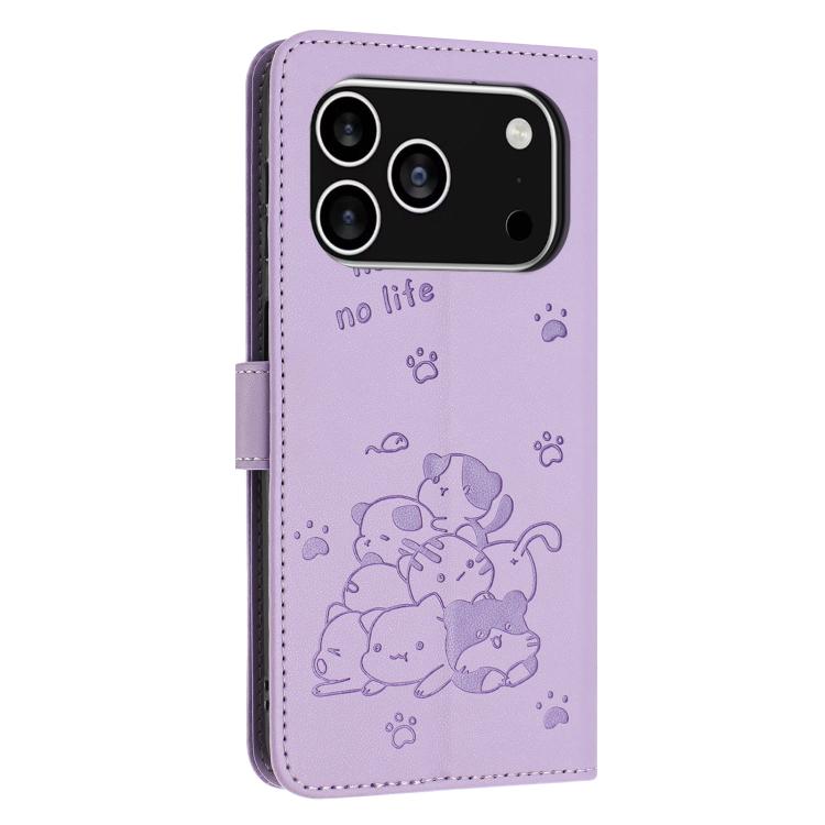 For iPhone 17 Pro Embossed Kitten Phone Leather Case with Lanyard