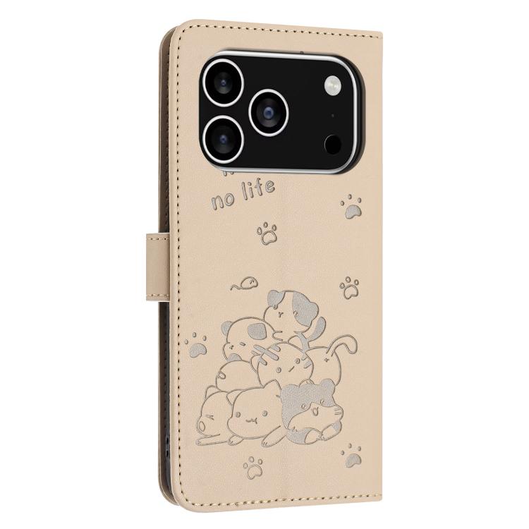 For iPhone 17 Pro Embossed Kitten Phone Leather Case with Lanyard