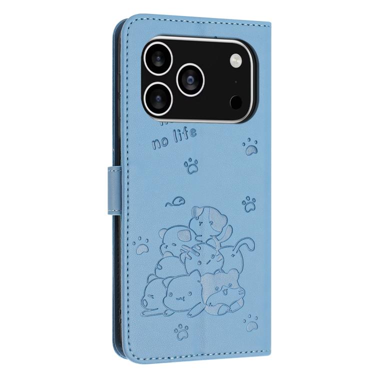 For iPhone 17 Pro Embossed Kitten Phone Leather Case with Lanyard