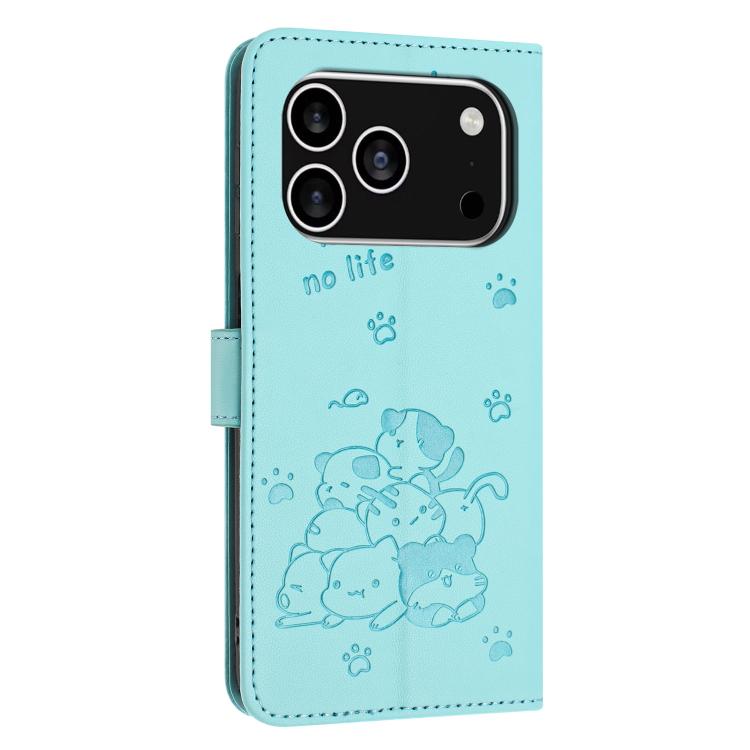 For iPhone 17 Pro Embossed Kitten Phone Leather Case with Lanyard