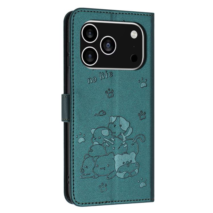 For iPhone 17 Pro Embossed Kitten Phone Leather Case with Lanyard