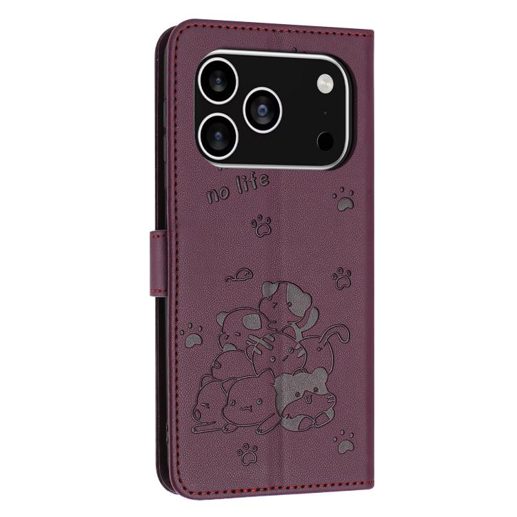 For iPhone 17 Pro Embossed Kitten Phone Leather Case with Lanyard
