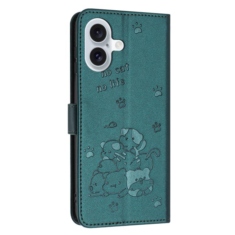 For iPhone 17 Embossed Kitten Phone Leather Case with Lanyard