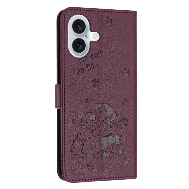 For iPhone 17 Embossed Kitten Phone Leather Case with Lanyard