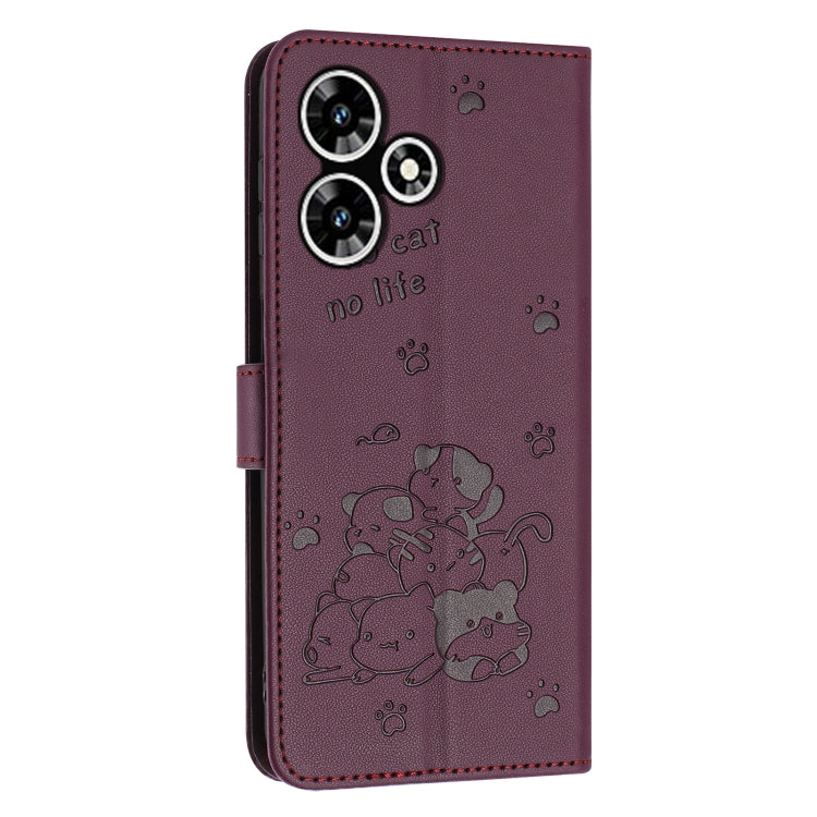 For Infinix Hot 30 Play NFC Embossed Kitten Phone Leather Case with Lanyard