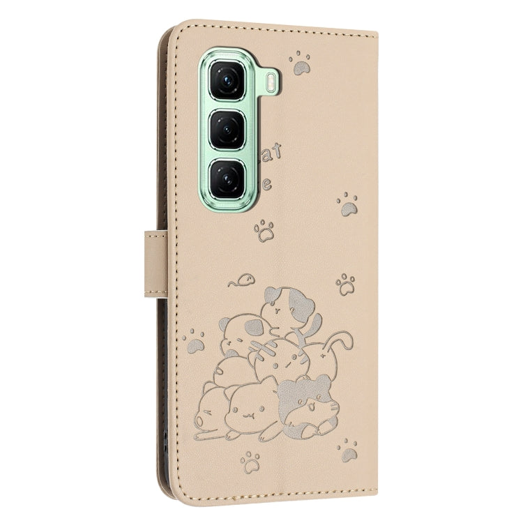 For Infinix Hot 50 5G Embossed Kitten Phone Leather Case with Lanyard