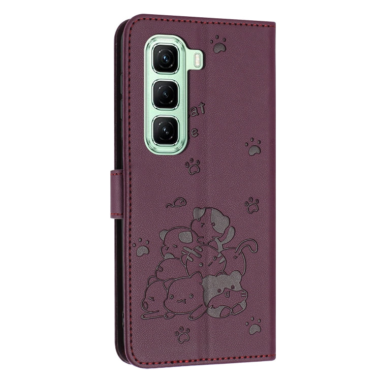 For Infinix Hot 50 5G Embossed Kitten Phone Leather Case with Lanyard