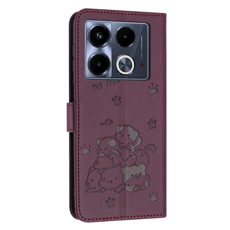For Infinix Note 40 4G Embossed Kitten Phone Leather Case with Lanyard