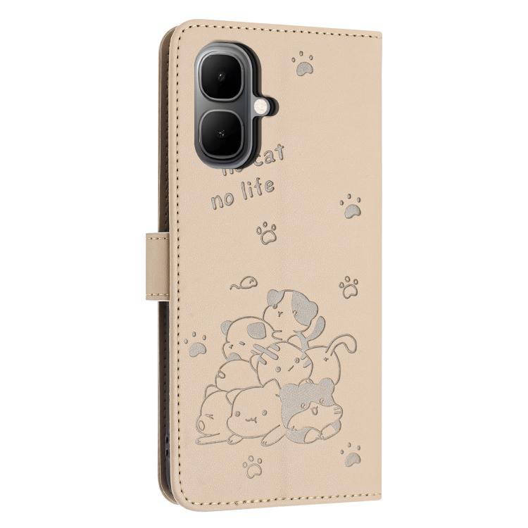 For Infinix Smart 10 4G Embossed Kitten Phone Leather Case with Lanyard
