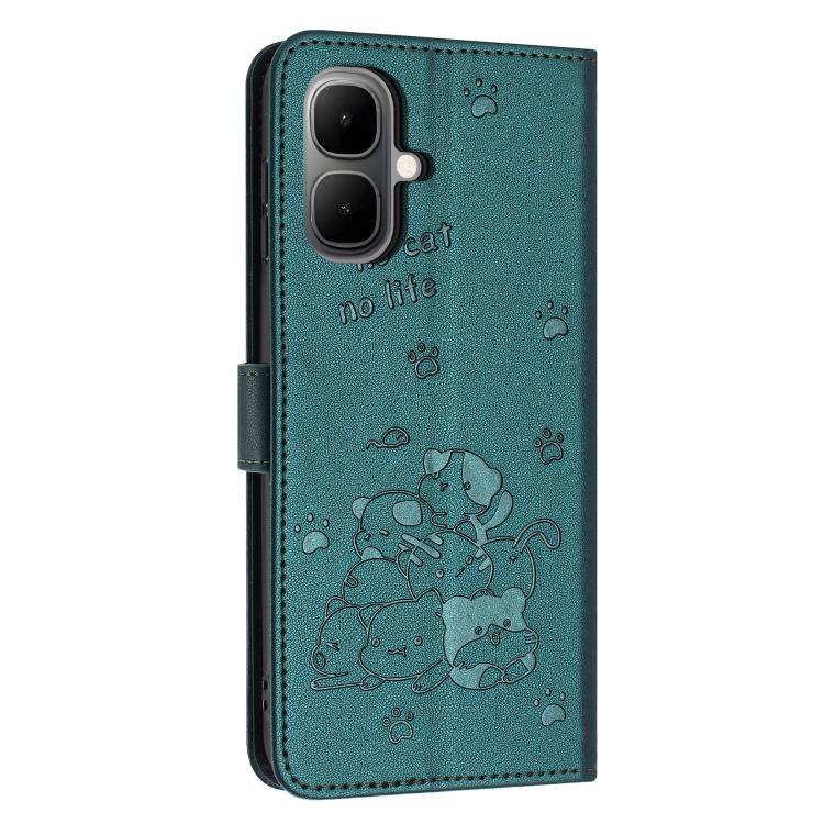 For Infinix Smart 10 4G Embossed Kitten Phone Leather Case with Lanyard