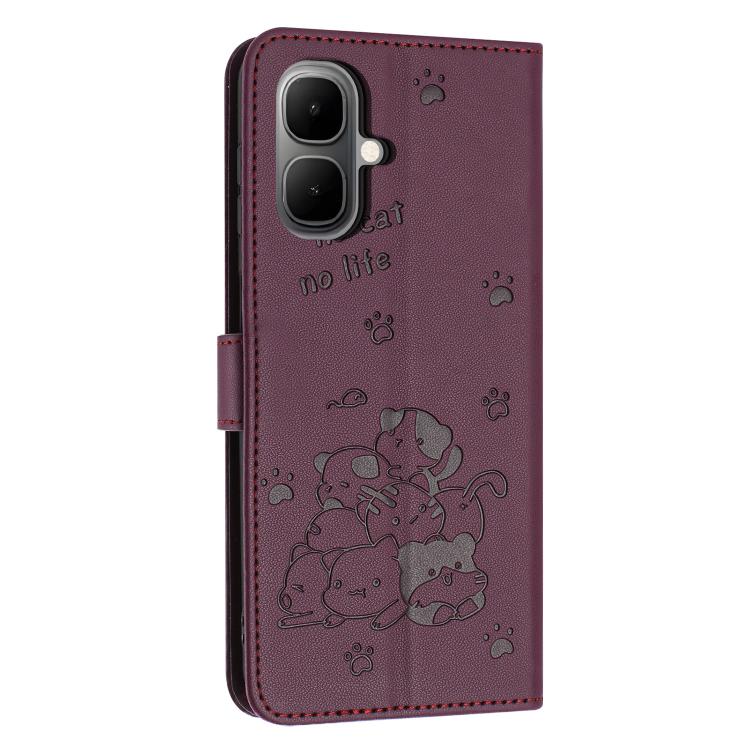 For Infinix Smart 10 4G Embossed Kitten Phone Leather Case with Lanyard