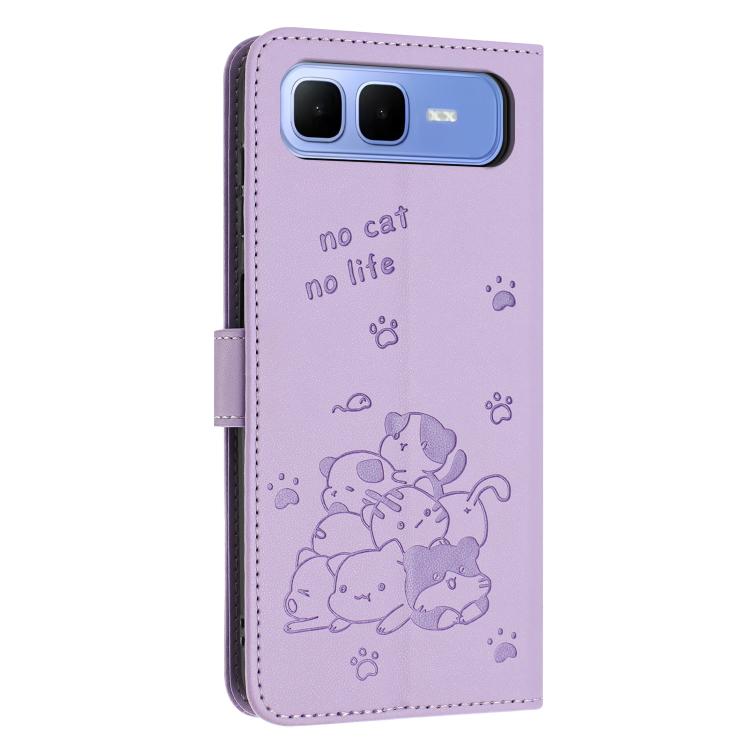For Infinix Smart 10 Plus 4G Embossed Kitten Phone Leather Case with Lanyard