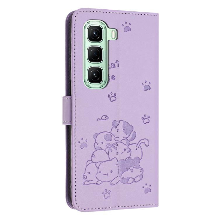 For Infinix Hot 60 Pro 4G Embossed Kitten Phone Leather Case with Lanyard