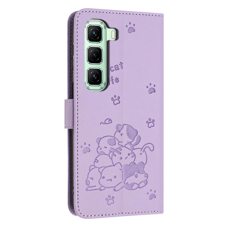 For Infinix Hot 70 5G Embossed Kitten Phone Leather Case with Lanyard