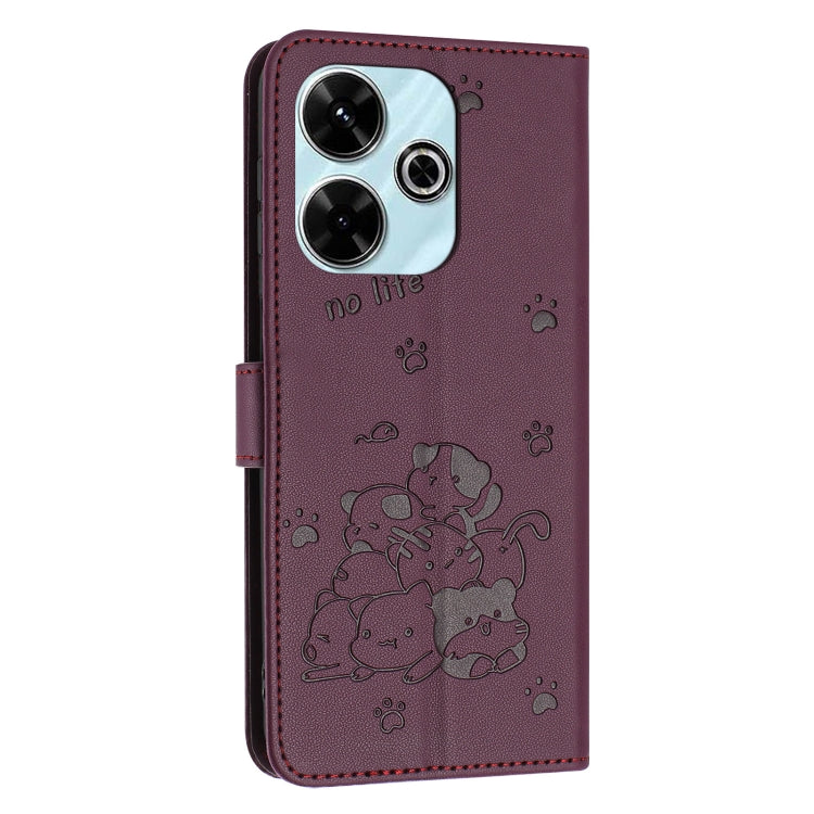 For Xiaomi Poco M6 4G Embossed Kitten Phone Leather Case with Lanyard