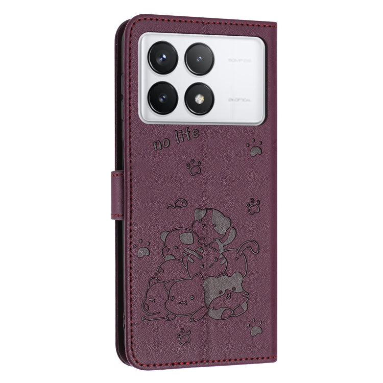 For Xiaomi Poco F6 Pro 5G Embossed Kitten Phone Leather Case with Lanyard