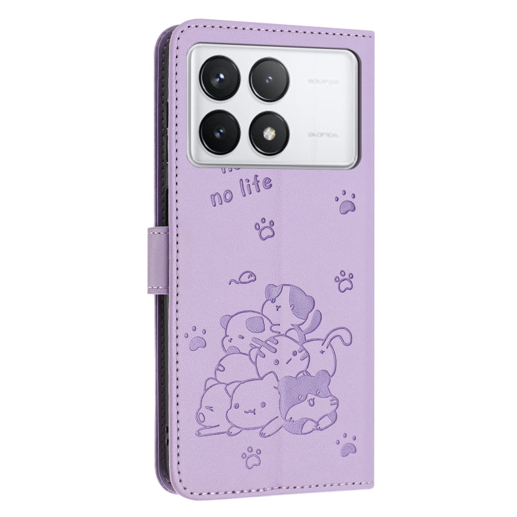 For Xiaomi Poco X6 Pro Embossed Kitten Phone Leather Case with Lanyard