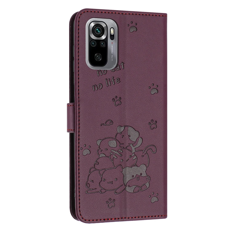 For Xiaomi Poco M5s 4G Global Embossed Kitten Phone Leather Case with Lanyard