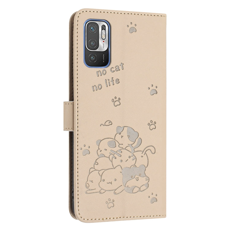 For Xiaomi Poco M3 Pro 5G Embossed Kitten Phone Leather Case with Lanyard