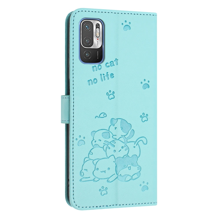 For Xiaomi Poco M3 Pro 5G Embossed Kitten Phone Leather Case with Lanyard