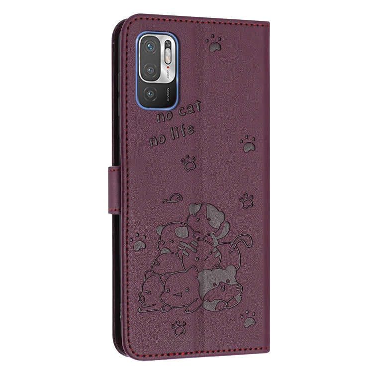 For Xiaomi Poco M3 Pro 5G Embossed Kitten Phone Leather Case with Lanyard