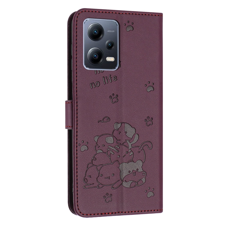For Xiaomi Poco X5 5G Embossed Kitten Phone Leather Case with Lanyard