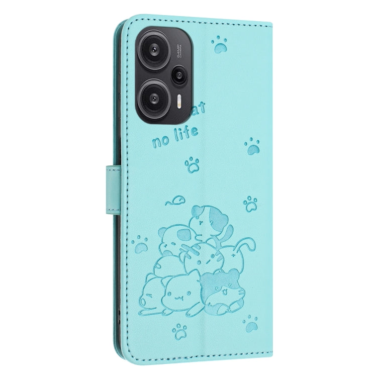 For Xiaomi Poco F5 Embossed Kitten Phone Leather Case with Lanyard