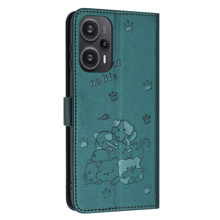 For Xiaomi Poco F5 Embossed Kitten Phone Leather Case with Lanyard