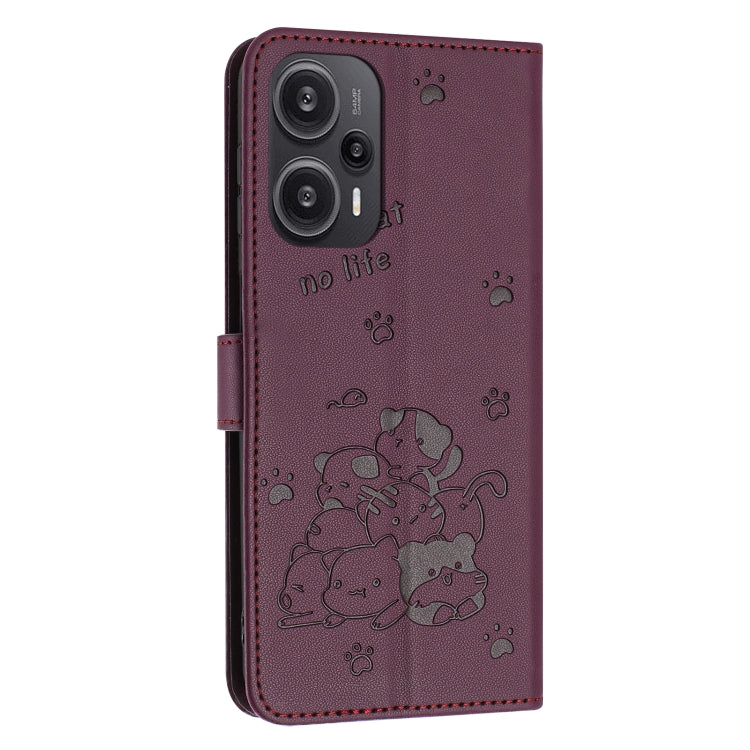 For Xiaomi Poco F5 Embossed Kitten Phone Leather Case with Lanyard