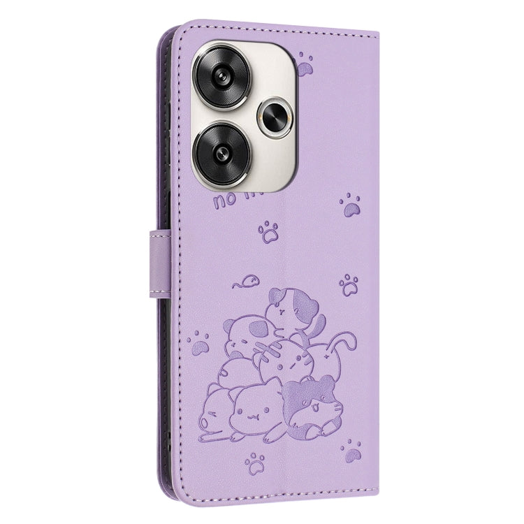 For Xiaomi Poco F6 Embossed Kitten Phone Leather Case with Lanyard