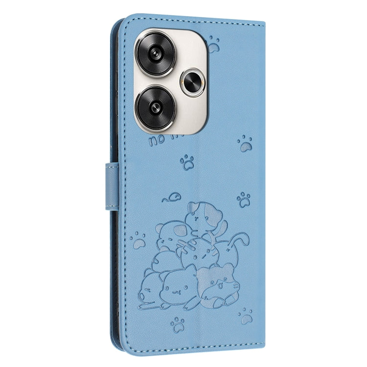 For Xiaomi Poco F6 Embossed Kitten Phone Leather Case with Lanyard