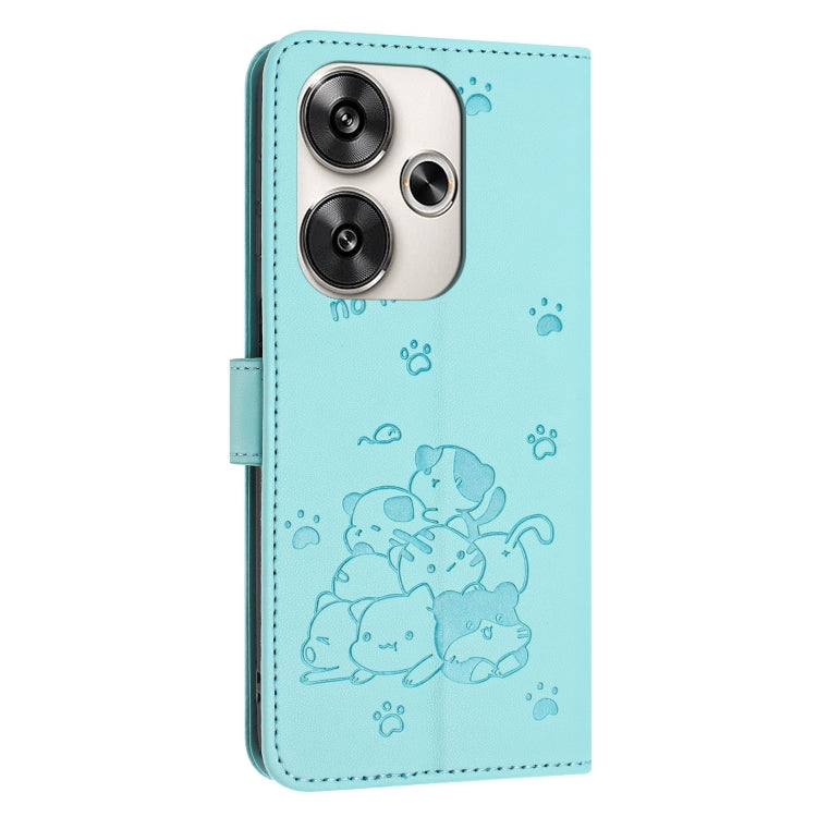 For Xiaomi Poco F6 Embossed Kitten Phone Leather Case with Lanyard