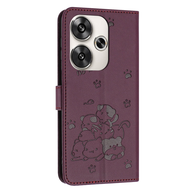 For Xiaomi Poco F6 Embossed Kitten Phone Leather Case with Lanyard