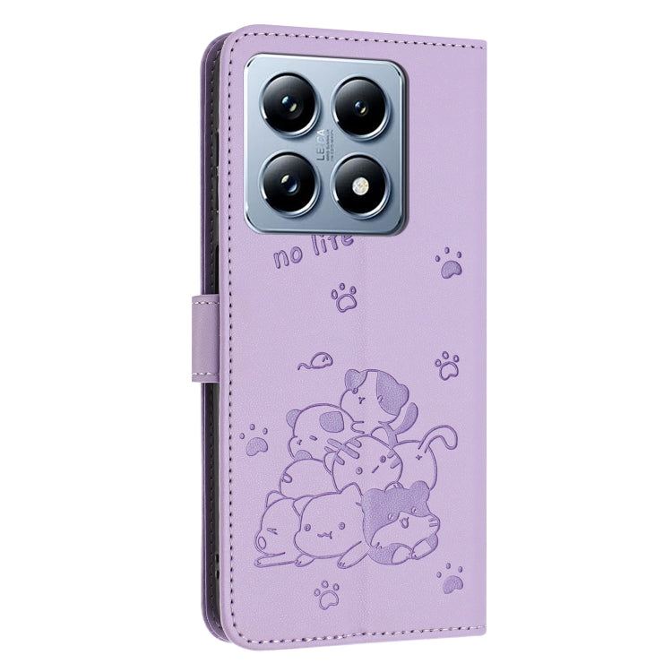 For Xiaomi 14T Pro 5G Global Embossed Kitten Phone Leather Case with Lanyard