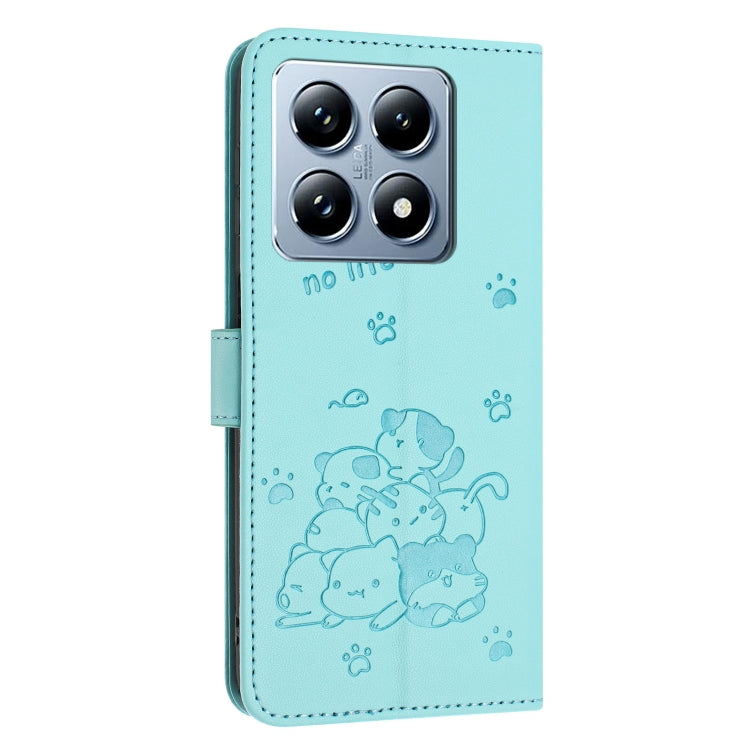 For Xiaomi 14T Pro 5G Global Embossed Kitten Phone Leather Case with Lanyard