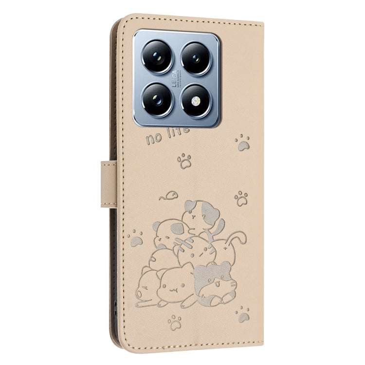 For Xiaomi 14T Global Embossed Kitten Phone Leather Case with Lanyard