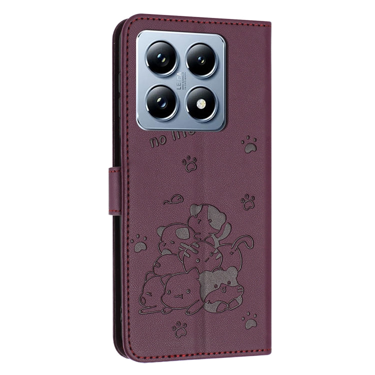 For Xiaomi 14T Global Embossed Kitten Phone Leather Case with Lanyard