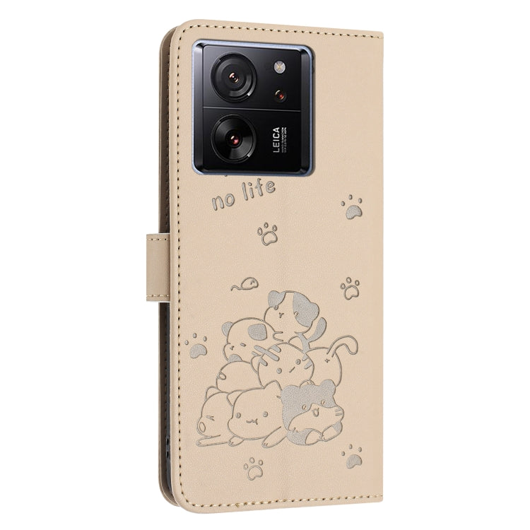 For Xiaomi 13T / 13T Pro Embossed Kitten Phone Leather Case with Lanyard