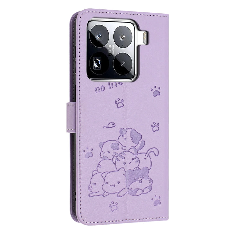 For Xiaomi 15 Pro Embossed Kitten Phone Leather Case with Lanyard