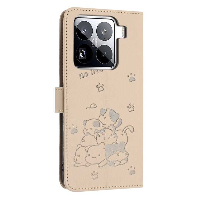 For Xiaomi 15 Pro Embossed Kitten Phone Leather Case with Lanyard