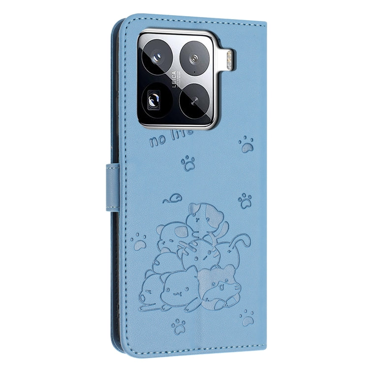 For Xiaomi 15 Pro Embossed Kitten Phone Leather Case with Lanyard