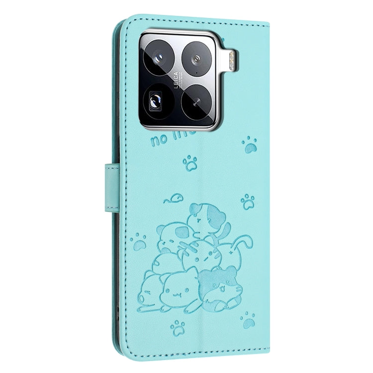 For Xiaomi 15 Pro Embossed Kitten Phone Leather Case with Lanyard