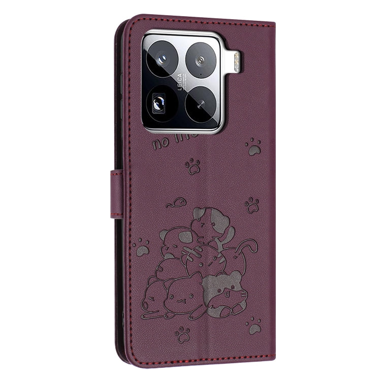 For Xiaomi 15 Pro Embossed Kitten Phone Leather Case with Lanyard
