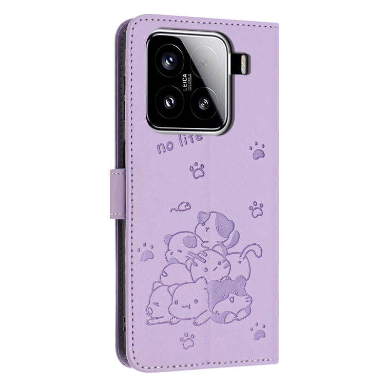 For Xiaomi 15 Embossed Kitten Phone Leather Case with Lanyard