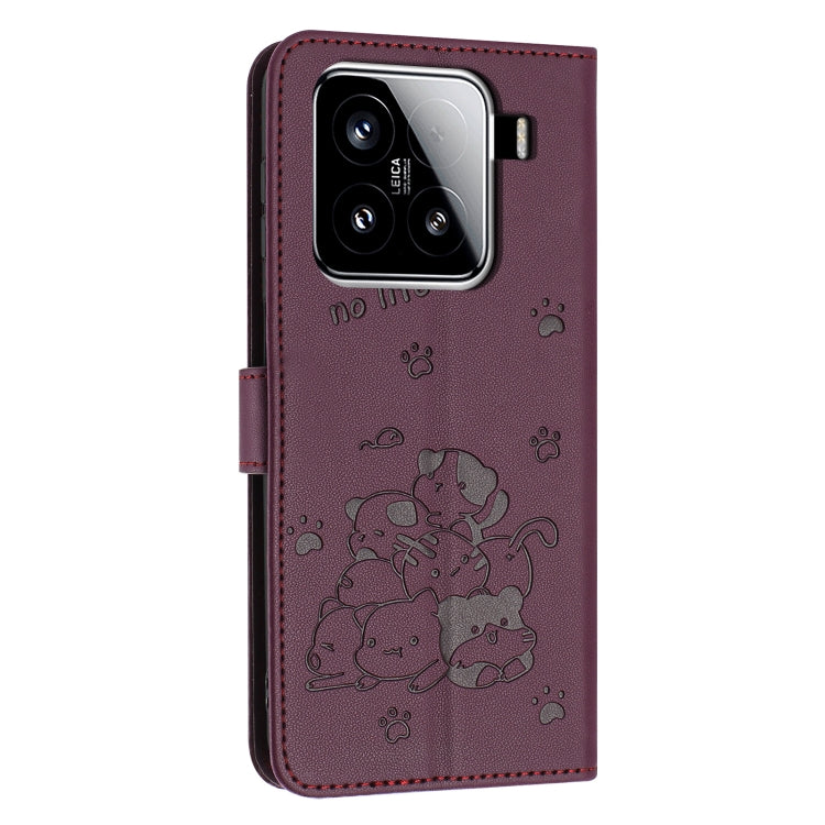 For Xiaomi 15 Embossed Kitten Phone Leather Case with Lanyard
