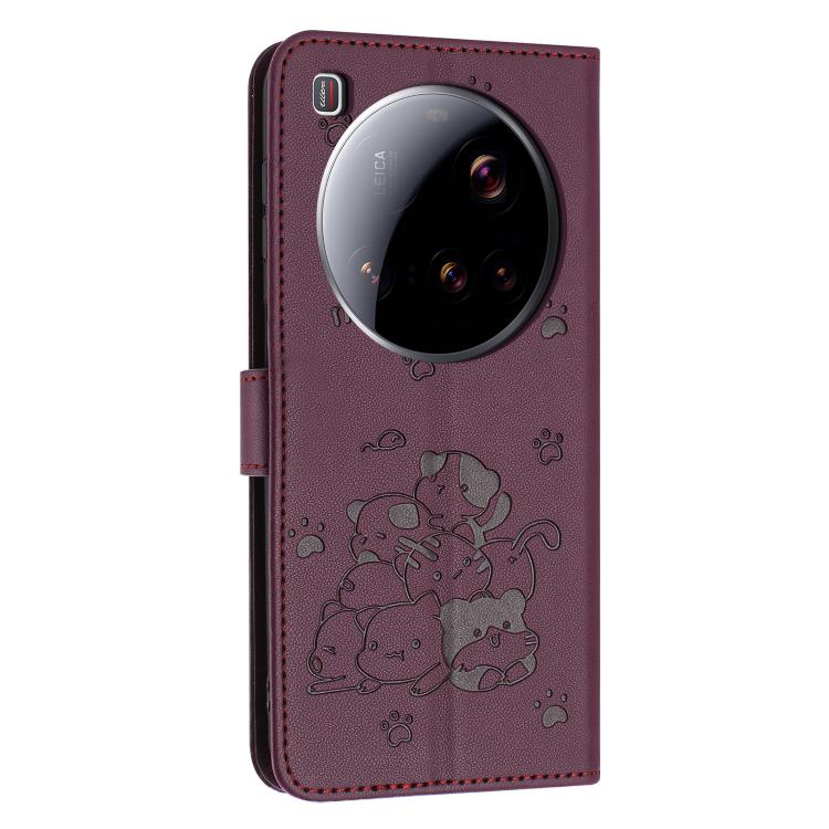 For Xiaomi 15 Ultra Embossed Kitten Phone Leather Case with Lanyard