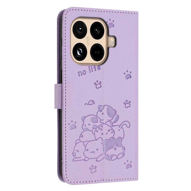 For Xiaomi 15T Pro 5G Embossed Kitten Phone Leather Case with Lanyard