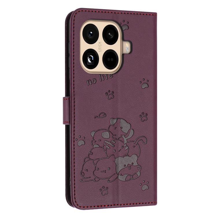 For Xiaomi 15T Pro 5G Embossed Kitten Phone Leather Case with Lanyard