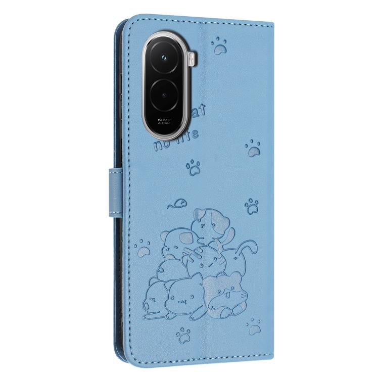 For Xiaomi Poco M7 4G 169mm Embossed Kitten Phone Leather Case with Lanyard